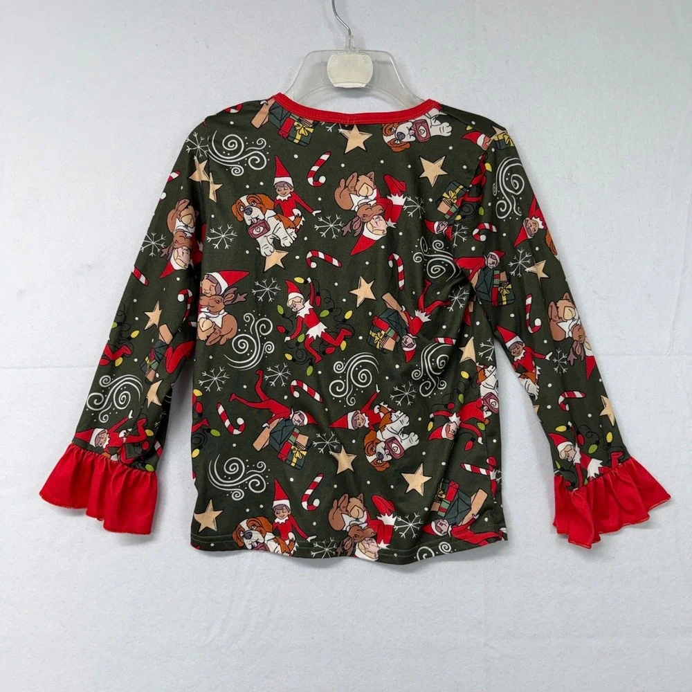 Kids Christmas Elf‎ Pajama Set Long Sleeve Pants Ruffle Red Green 3XL 7-8T